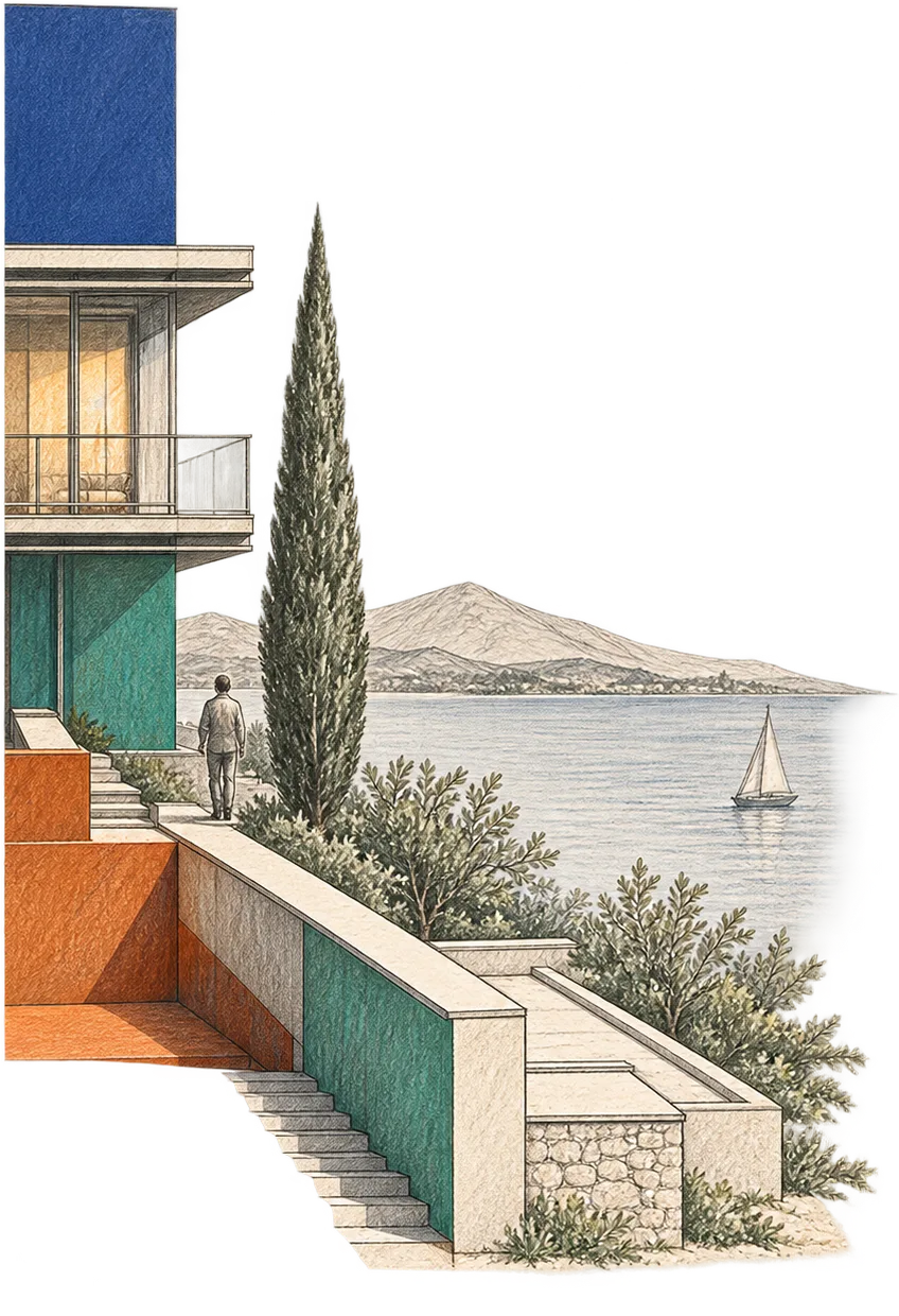 Kolorirani arhitektonski crtež novog sloja Rivije: balkon, obojeni paneli, terasa, čempres i pogled prema Kvarnerskom zaljevu.