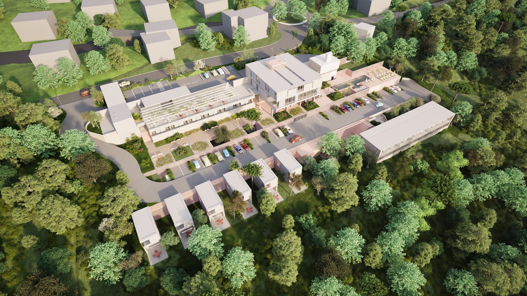 Vizualizacija Rivije i cijelog hotelskog kompleksa u zelenilu Preluka, gledano iz zraka.